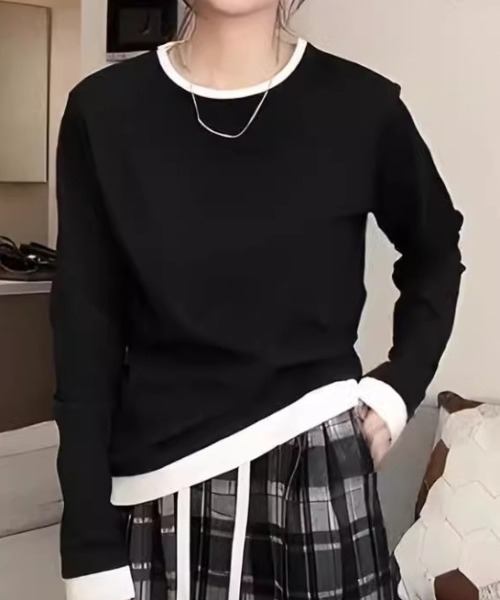 Ritzy(リッツィー)の「フェイクレイヤード クルーネック ロングスリーブカットソー(Tシャツ/カットソー・レディース・モカ/ブラック・M/L)」の2枚目の写真