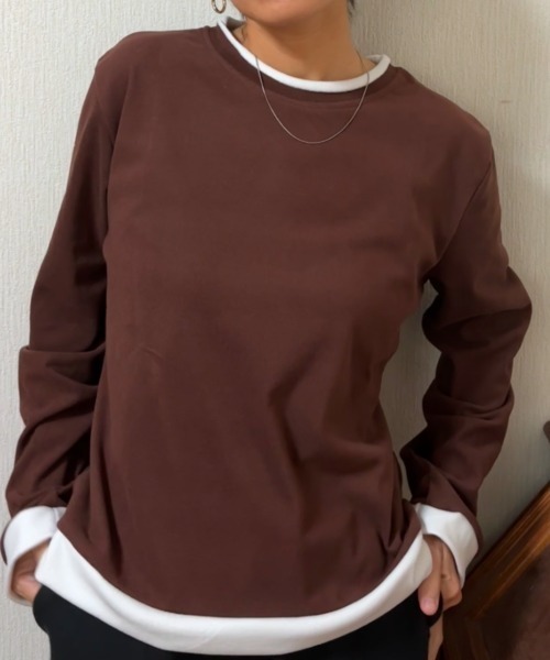 Ritzy(リッツィー)の「フェイクレイヤード クルーネック ロングスリーブカットソー(Tシャツ/カットソー・レディース・モカ/ブラック・M/L)」の1枚目の写真