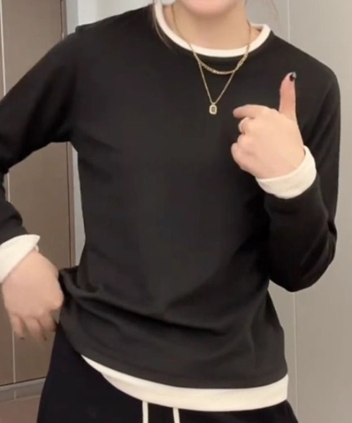 Ritzy(リッツィー)の「フェイクレイヤード クルーネック ロングスリーブカットソー(Tシャツ/カットソー・レディース・モカ/ブラック・M/L)」の3枚目の写真