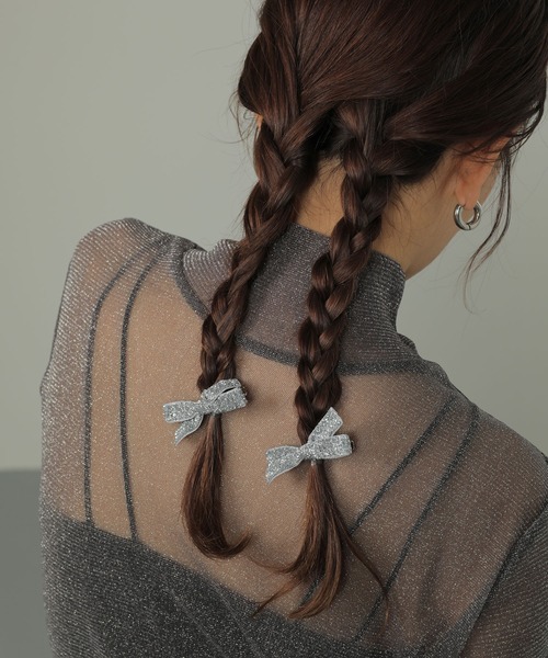 2まで　●ヘアリボン　専用 ラメ リボン 2個セット ミニヘアクリップ ヘアピン（バレッタ