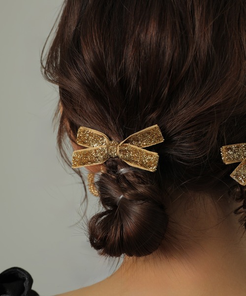 セール】ラメ リボン 2個セット ミニヘアクリップ ヘアピン