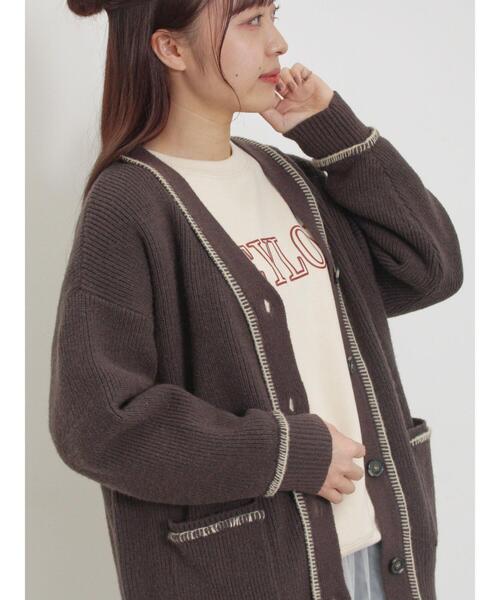 Samansa Mos2（サマンサ モスモス）の「配色ステッチVネックニットカーディガン（カーディガン/ボレロ・レディース・ダークブラウン/ベージュ/ミント/キナリ・F）」の2枚目の写真