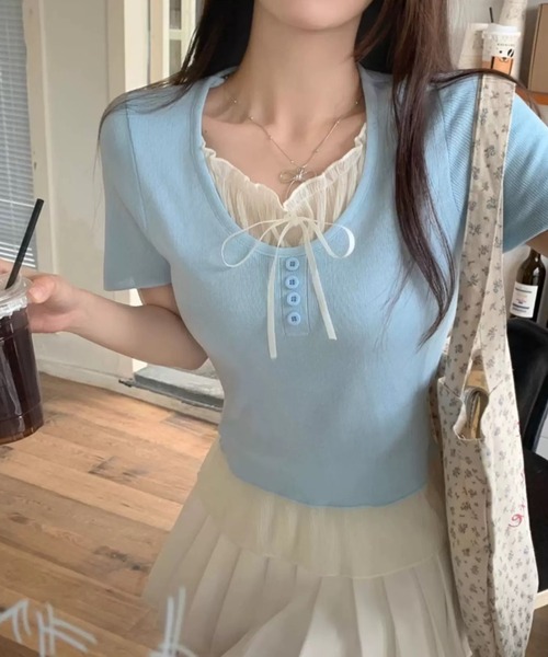 AsRiRe（アスリレイ）の「新色追加/2タイプ展開 レイヤード風半袖トップス（Tシャツ/カットソー・レディース・ブルー/グレー/ブラック/ブラック系その他/ブルー系その他/アイボリー/ネイビー/ホワイト系・M）」の7枚目の写真