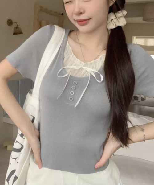 AsRiRe（アスリレイ）の「新色追加/2タイプ展開 レイヤード風半袖トップス（Tシャツ/カットソー・レディース・ブルー/グレー/ブラック/ブラック系その他/ブルー系その他/アイボリー/ネイビー/ホワイト系・M）」の16枚目の写真