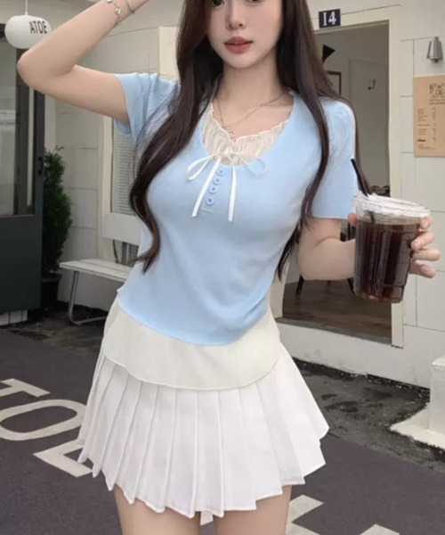 AsRiRe（アスリレイ）の「新色追加/2タイプ展開 レイヤード風半袖トップス（Tシャツ/カットソー・レディース・ブルー/グレー/ブラック/ブラック系その他/ブルー系その他/アイボリー/ネイビー/ホワイト系・M）」の18枚目の写真