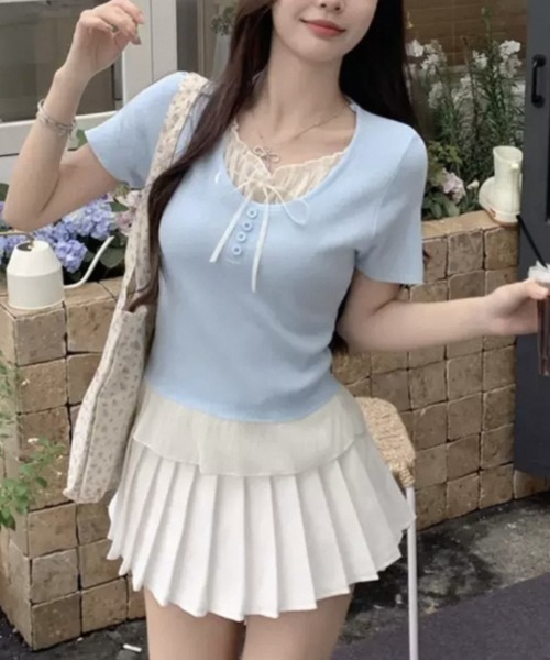 AsRiRe（アスリレイ）の「新色追加/2タイプ展開 レイヤード風半袖トップス（Tシャツ/カットソー・レディース・ブルー/グレー/ブラック/ブラック系その他/ブルー系その他/アイボリー/ネイビー/ホワイト系・M）」の20枚目の写真