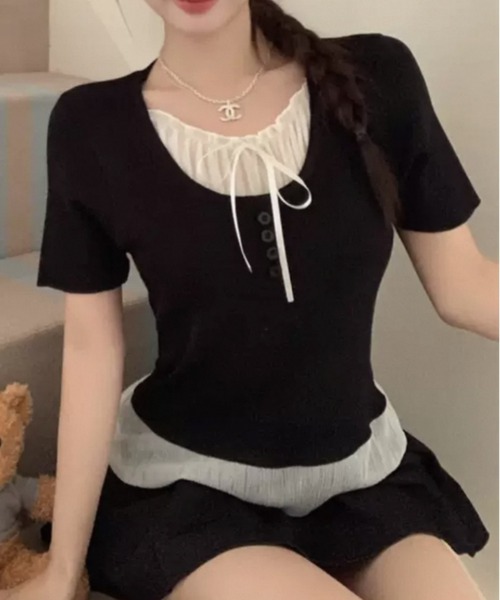 AsRiRe（アスリレイ）の「新色追加/2タイプ展開 レイヤード風半袖トップス（Tシャツ/カットソー・レディース・ブルー/グレー/ブラック/ブラック系その他/ブルー系その他/アイボリー/ネイビー/ホワイト系・M）」の21枚目の写真