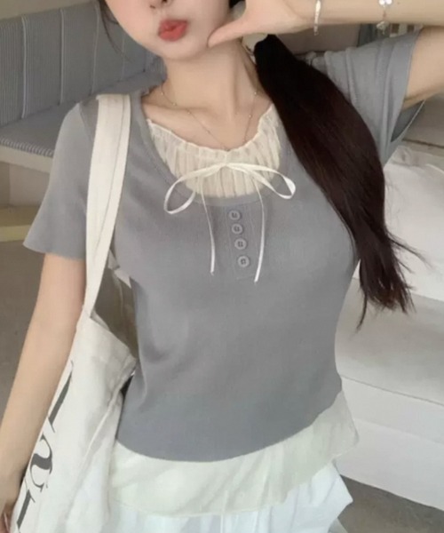 AsRiRe（アスリレイ）の「新色追加/2タイプ展開 レイヤード風半袖トップス（Tシャツ/カットソー・レディース・ブルー/グレー/ブラック/ブラック系その他/ブルー系その他/アイボリー/ネイビー/ホワイト系・M）」の22枚目の写真