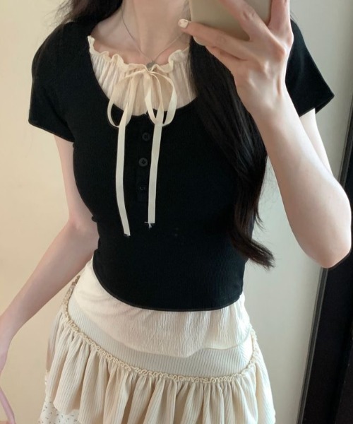 AsRiRe（アスリレイ）の「新色追加/2タイプ展開 レイヤード風半袖トップス（Tシャツ/カットソー・レディース・ブルー/グレー/ブラック/ブラック系その他/ブルー系その他/アイボリー/ネイビー/ホワイト系・M）」の15枚目の写真