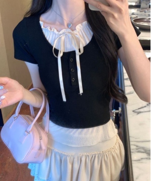 AsRiRe（アスリレイ）の「新色追加/2タイプ展開 レイヤード風半袖トップス（Tシャツ/カットソー・レディース・ブルー/グレー/ブラック/ブラック系その他/ブルー系その他/アイボリー/ネイビー/ホワイト系・M）」の12枚目の写真