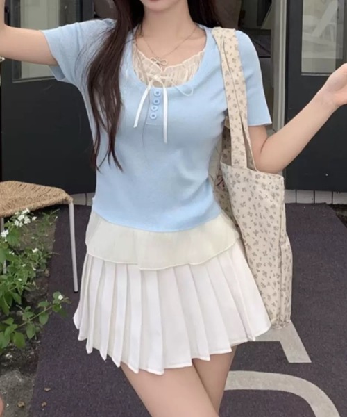 AsRiRe（アスリレイ）の「新色追加/2タイプ展開 レイヤード風半袖トップス（Tシャツ/カットソー・レディース・ブルー/グレー/ブラック/ブラック系その他/ブルー系その他/アイボリー/ネイビー/ホワイト系・M）」の13枚目の写真