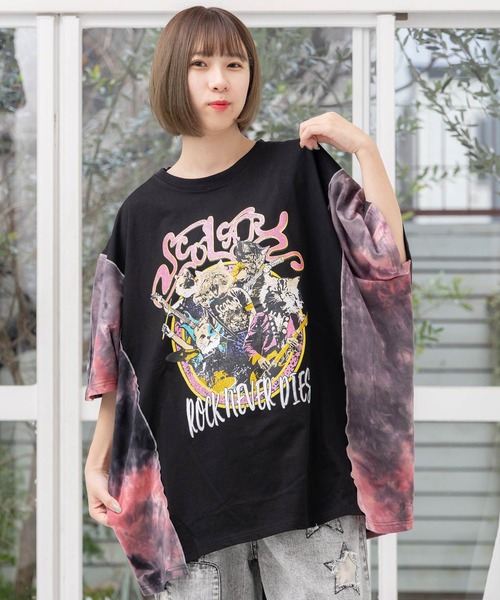 ScoLar（スカラー）の「151683：ロックなキャッツ柄 ムラ染め切替BIG-T（Tシャツ/カットソー・レディース・ネイビー/アイボリー/ブラック・M）」の2枚目の写真
