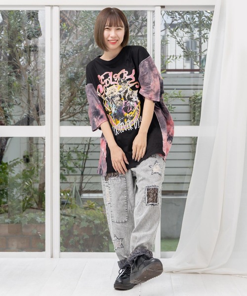 ScoLar（スカラー）の「151683：ロックなキャッツ柄 ムラ染め切替BIG-T（Tシャツ/カットソー・レディース・ネイビー/アイボリー/ブラック・M）」の7枚目の写真