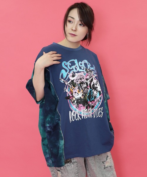 ScoLar（スカラー）の「151683：ロックなキャッツ柄 ムラ染め切替BIG-T（Tシャツ/カットソー・レディース・ネイビー/アイボリー/ブラック・M）」の13枚目の写真