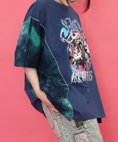 ScoLar（スカラー）の「151683：ロックなキャッツ柄 ムラ染め切替BIG-T（Tシャツ/カットソー・レディース・ネイビー/アイボリー/ブラック・M）」の15枚目の写真