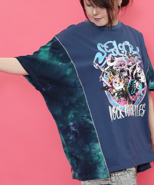 ScoLar（スカラー）の「151683：ロックなキャッツ柄 ムラ染め切替BIG-T（Tシャツ/カットソー・レディース・ネイビー/アイボリー/ブラック・M）」の16枚目の写真