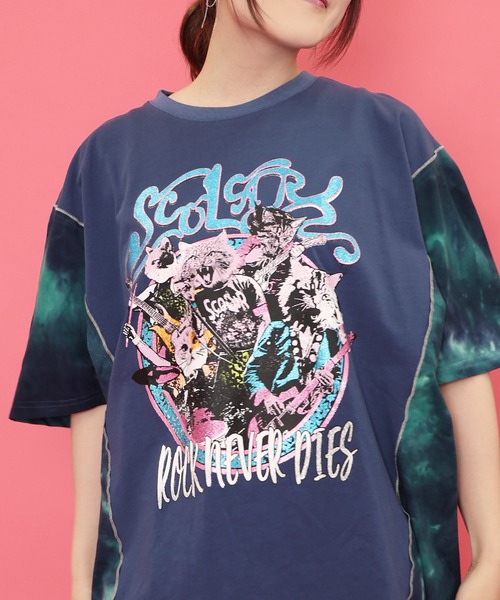 ScoLar（スカラー）の「151683：ロックなキャッツ柄 ムラ染め切替BIG-T（Tシャツ/カットソー・レディース・ネイビー/アイボリー/ブラック・M）」の18枚目の写真