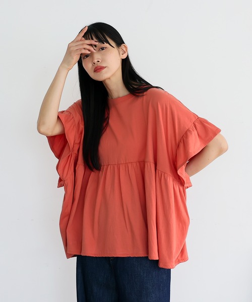 VitaFelice(ヴィータフェリーチェ)の「フリル袖ペプラムトップス フリルTシャツ カットソー(Tシャツ/カットソー・レディース・コーラルピンク/チャコール/アイボリー/ブラック・FREE)」の17枚目の写真
