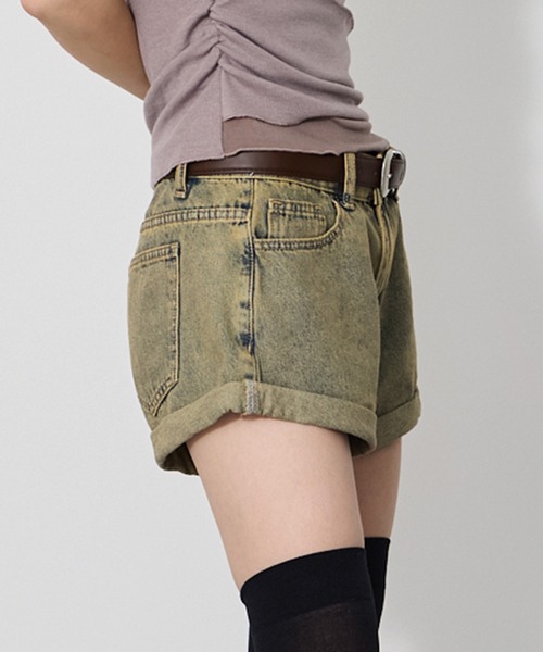 VQ(ブイキュー)の「【腰回りがコンパクトに◎】Vintage Processing denim shorts / ビンテージ加工 ロールアップ デニムショートパンツ (ベルト付き)y2k ギャル(デニムパンツ・レディース・グレー/ブルー・SMALL/MEDIUM/LARGE)」の4枚目の写真