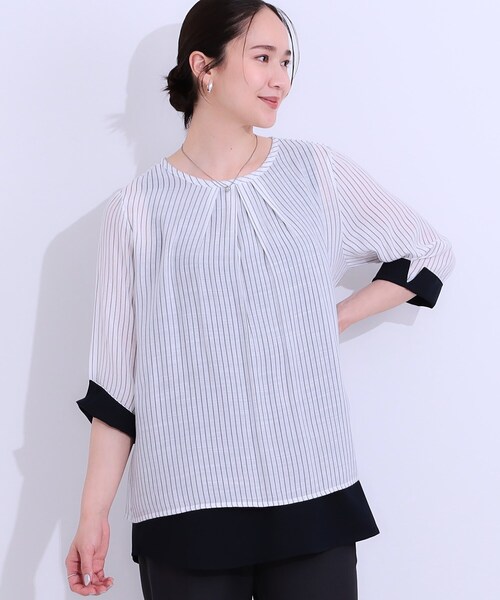 SHOO・LA・RUE(シューラルー)の「◆【洗える/S-LL】一枚でサマ見え お袖折り返し 裾レイヤードトップス(Tシャツ/カットソー・レディース・ネイビー/ブルー/ホワイト系5/ネイビー系2・01/02/03/04)」の1枚目の写真