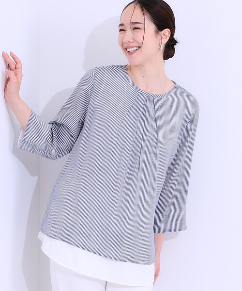 SHOO・LA・RUE(シューラルー)の「◆【洗える/S-LL】一枚でサマ見え お袖折り返し 裾レイヤードトップス(Tシャツ/カットソー・レディース・ネイビー/ブルー/ホワイト系5/ネイビー系2・01/02/03/04)」の4枚目の写真
