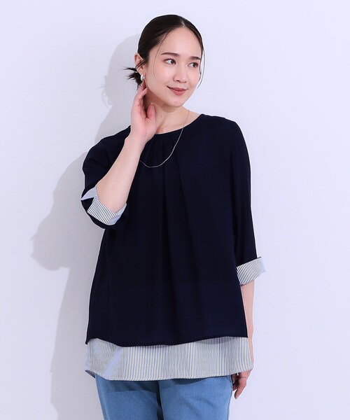 SHOO・LA・RUE(シューラルー)の「◆【洗える/S-LL】一枚でサマ見え お袖折り返し 裾レイヤードトップス(Tシャツ/カットソー・レディース・ネイビー/ブルー/ホワイト系5/ネイビー系2・01/02/03/04)」の5枚目の写真