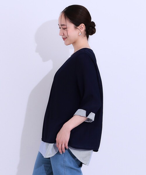 SHOO・LA・RUE(シューラルー)の「◆【洗える/S-LL】一枚でサマ見え お袖折り返し 裾レイヤードトップス(Tシャツ/カットソー・レディース・ネイビー/ブルー/ホワイト系5/ネイビー系2・01/02/03/04)」の6枚目の写真