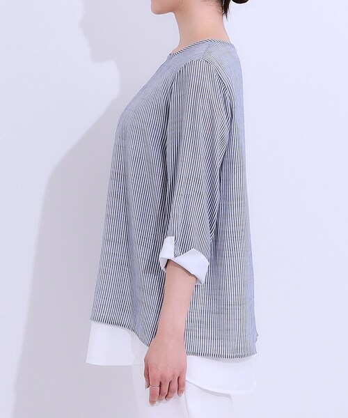 SHOO・LA・RUE(シューラルー)の「◆【洗える/S-LL】一枚でサマ見え お袖折り返し 裾レイヤードトップス(Tシャツ/カットソー・レディース・ネイビー/ブルー/ホワイト系5/ネイビー系2・01/02/03/04)」の13枚目の写真