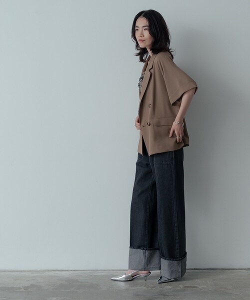 GALLEST(ギャレスト)の「【セットアップ対応】イージーダブルブレスト半袖ジャケット(テーラードジャケット・レディース・キャメル/ブラック/チャコールグレー/ブラウン系1/チャコール・36/38)」の7枚目の写真