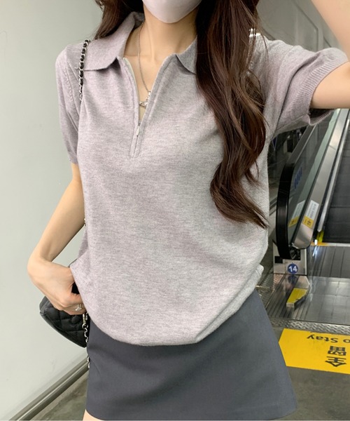 AMAJI（アマジ）の「ハーフジップトップス（ポロシャツ・レディース・アイボリー/ライトグレー/ホワイト/ダークグレー/ネイビー・FREE）」の15枚目の写真