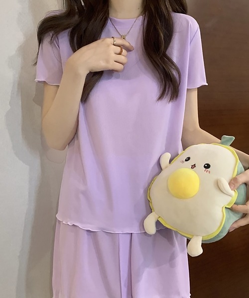 Girly Doll（ガーリードール）の「ルームウェア パイピング半袖トップス&ショートパンツ 上下2点セット（ルームウェア/パジャマ・レディース・ホワイト/ピンク/パープル/ブラック/カーキ・FREE）」の5枚目の写真