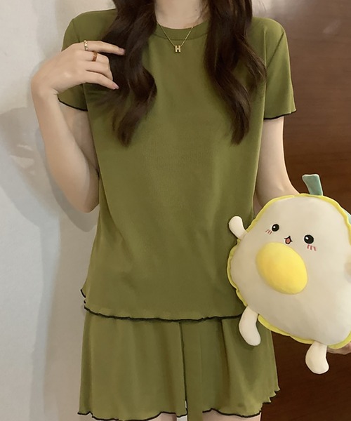 Girly Doll（ガーリードール）の「ルームウェア パイピング半袖トップス&ショートパンツ 上下2点セット（ルームウェア/パジャマ・レディース・ホワイト/ピンク/パープル/ブラック/カーキ・FREE）」の4枚目の写真