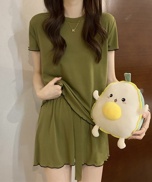 Girly Doll（ガーリードール）の「ルームウェア パイピング半袖トップス&ショートパンツ 上下2点セット（ルームウェア/パジャマ・レディース・ホワイト/ピンク/パープル/ブラック/カーキ・FREE）」の11枚目の写真