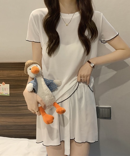 Girly Doll（ガーリードール）の「ルームウェア パイピング半袖トップス&ショートパンツ 上下2点セット（ルームウェア/パジャマ・レディース・ホワイト/ピンク/パープル/ブラック/カーキ・FREE）」の6枚目の写真