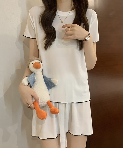 Girly Doll（ガーリードール）の「ルームウェア パイピング半袖トップス&ショートパンツ 上下2点セット（ルームウェア/パジャマ・レディース・ホワイト/ピンク/パープル/ブラック/カーキ・FREE）」の7枚目の写真