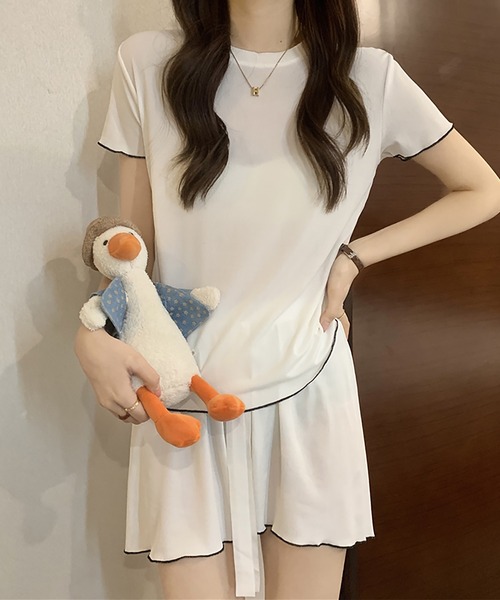 Girly Doll（ガーリードール）の「ルームウェア パイピング半袖トップス&ショートパンツ 上下2点セット（ルームウェア/パジャマ・レディース・ホワイト/ピンク/パープル/ブラック/カーキ・FREE）」の8枚目の写真