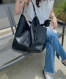 ISOOK | ポーチ付きソフトレザートートバッグ(kiharu select) / 合皮 ショルダーバッグ A4サイズ収納可 大容量 通勤用 通学用 旅行用 マザーズバッグ ブラック ホワイト 黒 白(ショルダーバッグ)