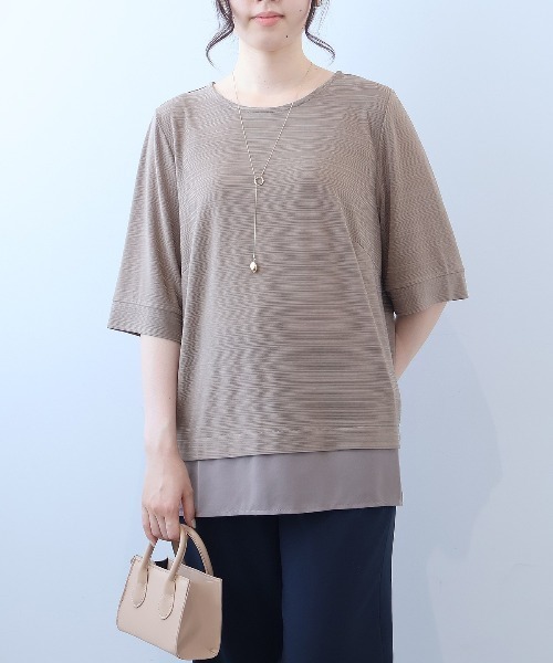 fleur by mint breeze(フルールバイミントブリーズ)の「【L~5L 大きいサイズ】【接触冷感】異素材切替えさらさらテレコプルオーバー Tシャツ 半袖 春夏(Tシャツ/カットソー・レディース・ネイビー/ブラウン・LL/3L/4L/5L)」の2枚目の写真