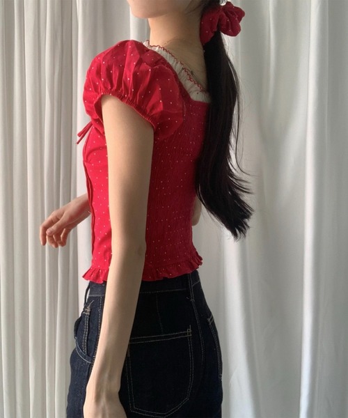 leune(ルネ)の「シュシュsetフロントリボンパフスリーブドットブラウス(シャツ/ブラウス・レディース・アイボリー/レッド/ネイビー・FREE)」の5枚目の写真