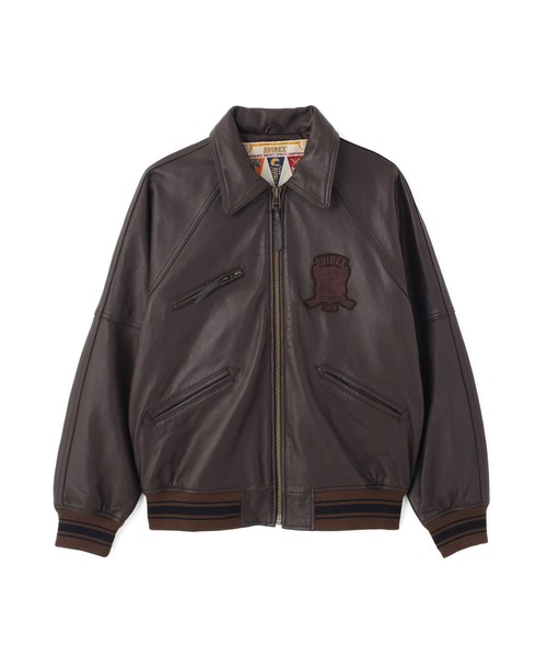 【本革】AVIREX レザージャケット 茶 XL スタジャン VARCITY AVIREX スタジャン SIGNATUR VARSITY JACKET / シグネチャー