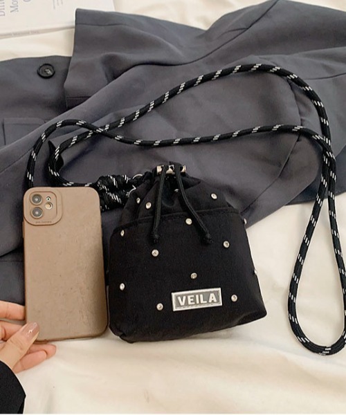 セール】ビジュー付きナイロン2WAYミニ巾着ショルダー