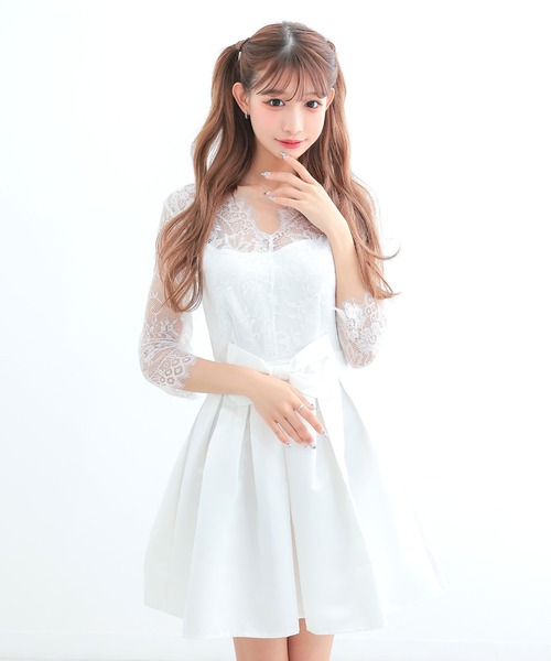 myMinette(マイミネット)の「キャバドレス ミニ フレア 七分袖 背中魅せ レースウエストリボン ハイウエスト切替ドレス キャバワンピ(ドレス・レディース・ホワイト・SMALL/LARGE/MEDIUM)」の6枚目の写真