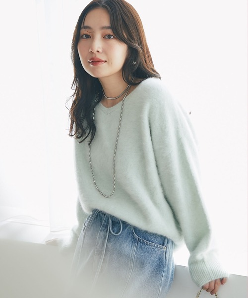 セール】【最強美人見え】ヘアリーウールカシミヤ混前後2WAYニット