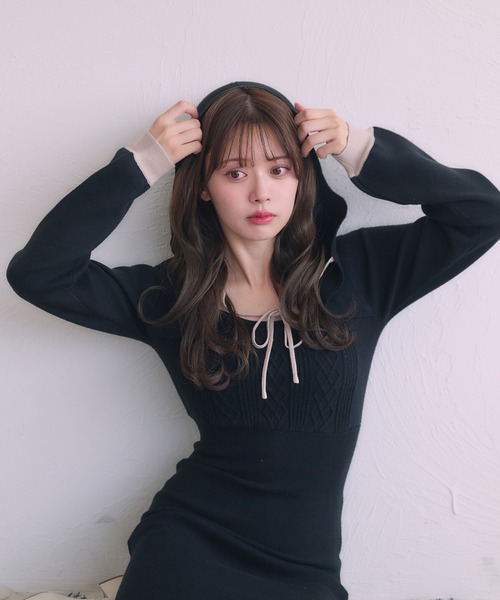 hooded cable knit onepiece / フード付きケーブルニットワンピース