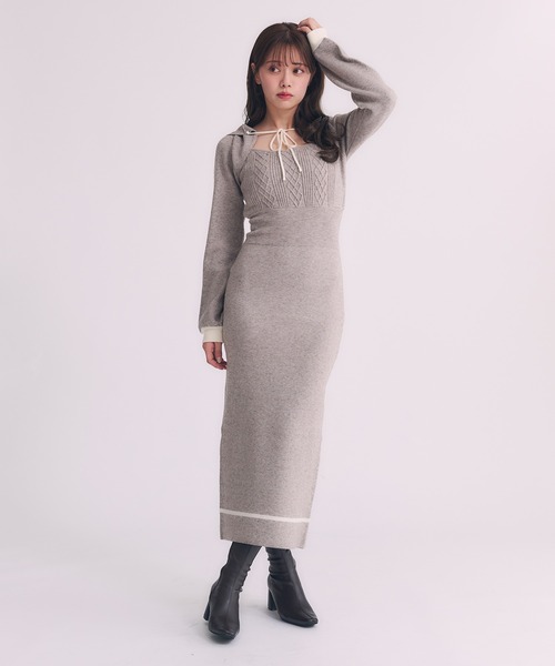 プープレ　ワンピース hooded cable knit onepiece / フード付きケーブルニットワンピース