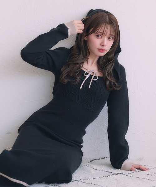 hooded cable knit onepiece / フード付きケーブルニットワンピース