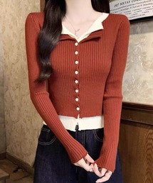 【WEB限定】配色レイヤード風リブニットトップス［韓国ファッション カジュアル ガーリー］≪再入荷≫