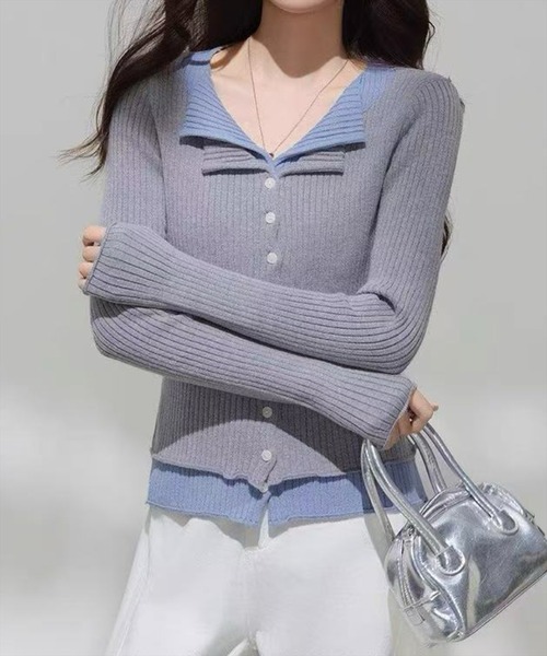 STAY MOTION（ステイモーション）の「【WEB限定】配色レイヤード風リブニットトップス［韓国ファッション カジュアル ガーリー］≪再入荷≫（ニット/セーター・レディース・チャコールグレー/グレー/レッド・F）」の6枚目の写真