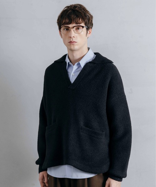 LURAKU（ルラク）の「【LURAKU】Fleece Open Collar Polo Knit / フリースオープンカラーポロニット（ニット/セーター・メンズ・ブラック/カーキ・MEDIUM/LARGE）」の2枚目の写真