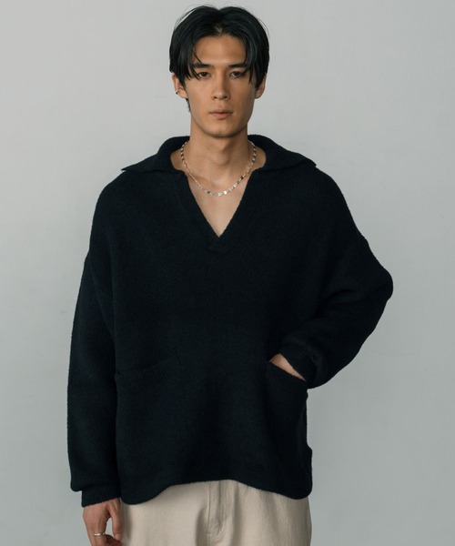 LURAKU（ルラク）の「【LURAKU】Fleece Open Collar Polo Knit / フリースオープンカラーポロニット（ニット/セーター・メンズ・ブラック/カーキ・MEDIUM/LARGE）」の5枚目の写真
